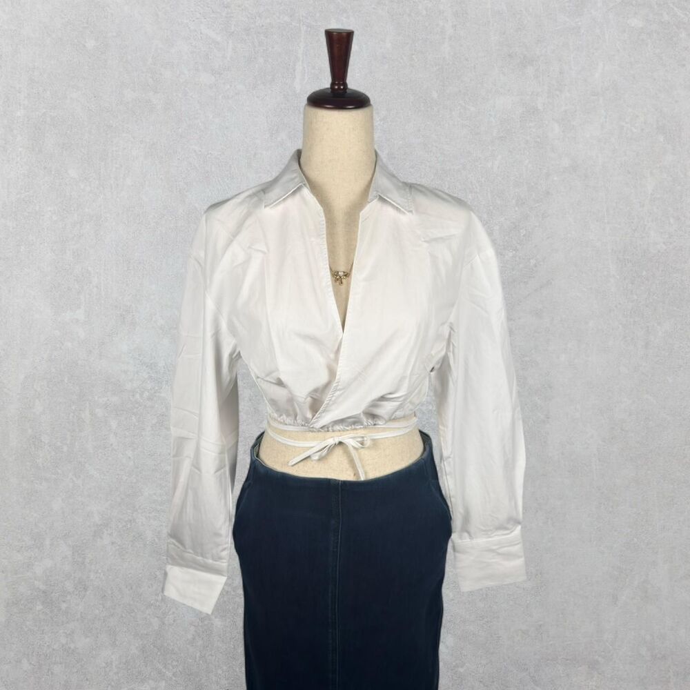 18 Centimeters White Cropped Cotton Blend Long Sleeve Wrap Top